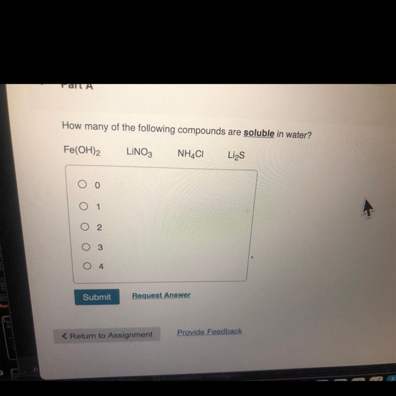 How many of the following compounds are soluble in water?Fe(OH)2LiNO3NH4ClLi2S-example-1