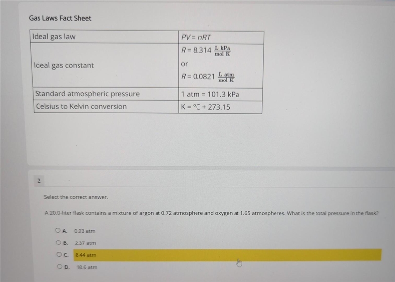 Select the correct answer. A 20.0-liter flask contains a mixture of argon at 0.72 atmosphere-example-1