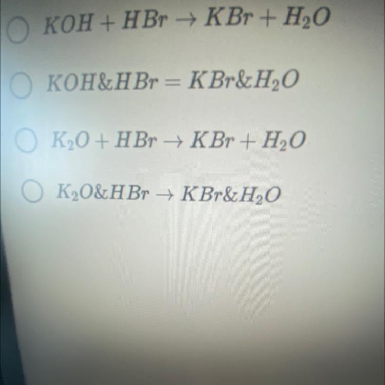 Turn the following word equation into a symbolic equation: potassium hydroxide and-example-1