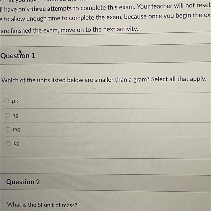 Which of the units listed below are smaller than a gram? Select all that apply. ug-example-1