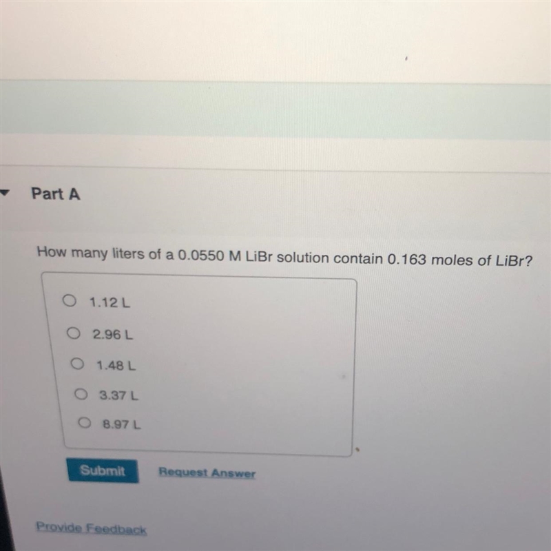 How many liters of a 0.0550LiBr solution contain 0.163 moles of LiBr?-example-1