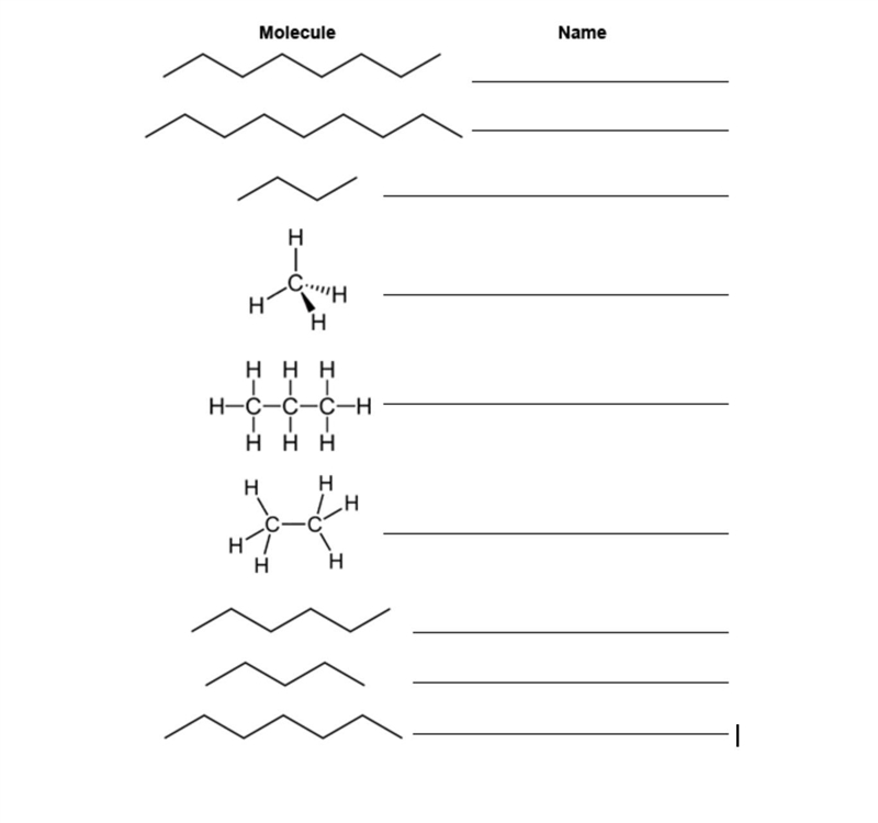 Write the name of the alkane next to the drawing of the molecule.-example-1