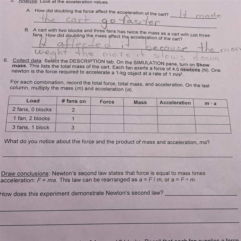 For each combination, record the total force, total mass, and acceleration. On the-example-1