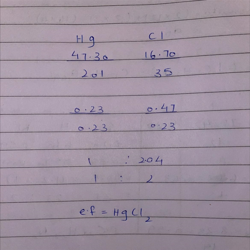 A molecule contains 47.30 g mercury (Hg) and 16.70 (Cl). what is its empirical formula-example-1