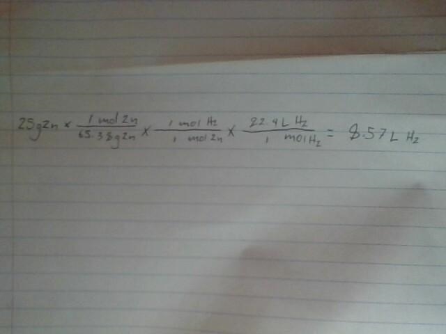 How many liters of H2 gas can be produced at STP from 25g of Zn? 2HCl(aq)+Zn(s)=H-example-1