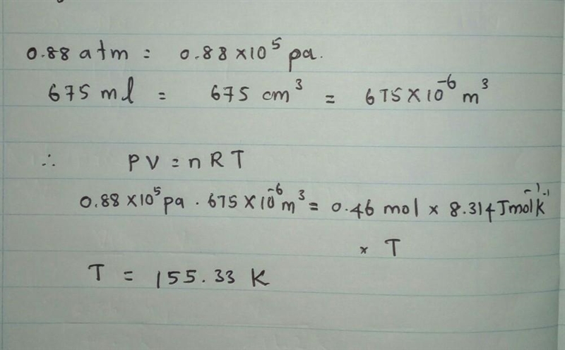 What is the temperature in Kelvin of 0.46 mol of a gas that is at a pressure of 0.88 atm-example-1