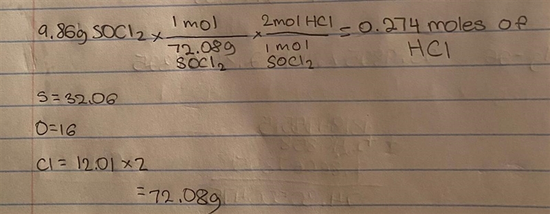 How many moles of HCl are produced when 9.86 g of SOCl2 reacts? The balanced equation-example-1