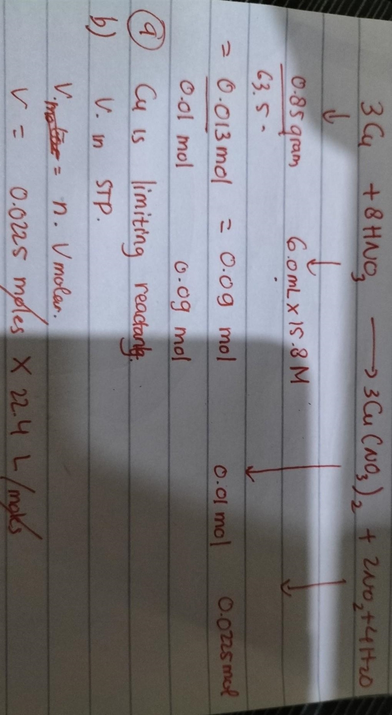 0.85 g of Cu reacts with 6.0 mL of 15.8 M nitric acid. a. What's the limiting reactant-example-1