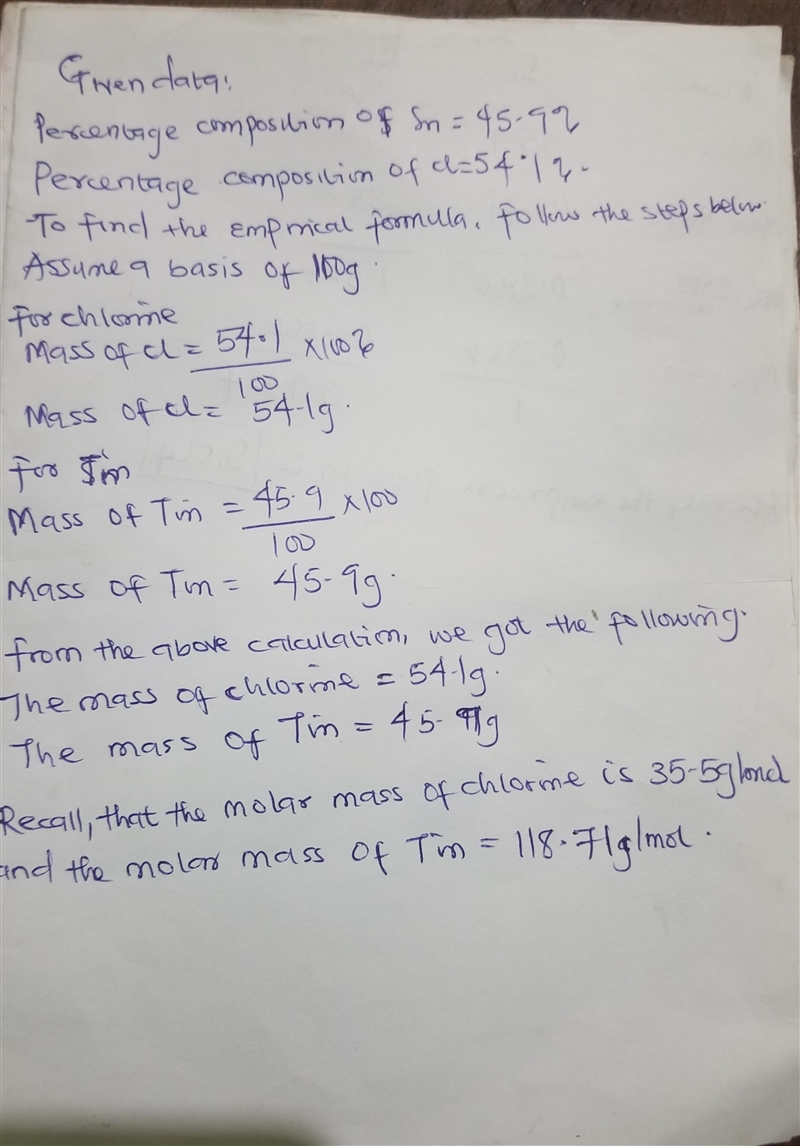 The percentage composition of tin (IV) chloride is 45.9% Sn and 54.1% CI by mass. What-example-1