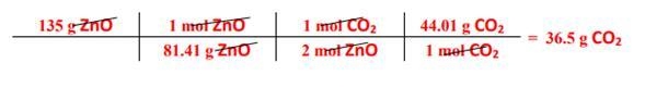 How many grams of carbon dixoide will be produced if 135 grams of ZnO is completley-example-1