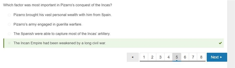 Which factor was most important in Pizarro's conquest of the Incas? O The Incan Empire-example-1