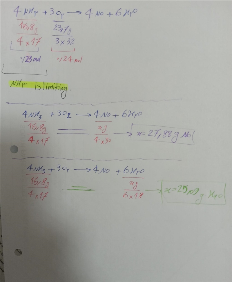 In the reaction between 15.8 g of NH3 and 22.7 g oxygen, water and nitrogen monoxide-example-1