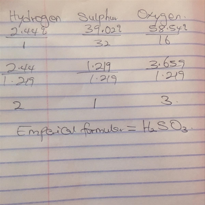 Fied the emicicol formula of a compoun containing 2.44% hydrogen, 39.02% sulphur, 58.54% oxygen-example-1