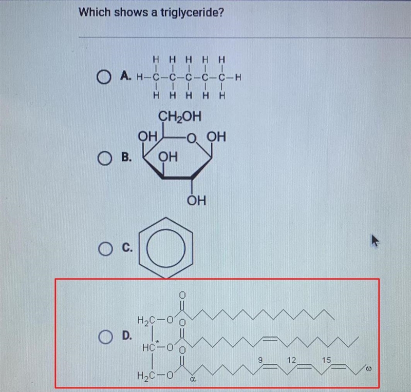 Which shows a triglyceride?-example-1