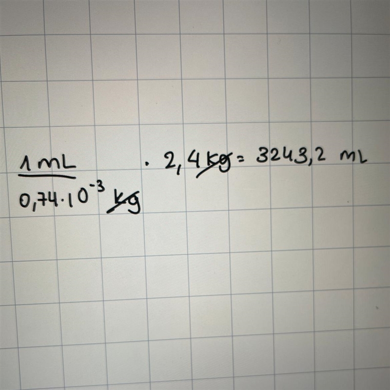 How many milliliters of gasoline have a mass of 2.4 kg ( D=0.74g/mL )?-example-1