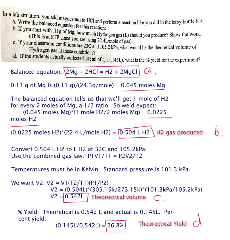 If the students actually collected 145 mL of gas (.145L), what is the % yield for-example-1