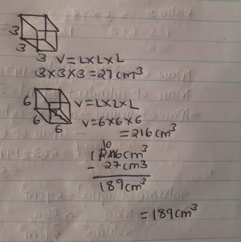 A wooden cube 3 cm on edges placed inside a cube box that is 6 cm on edge how much-example-1