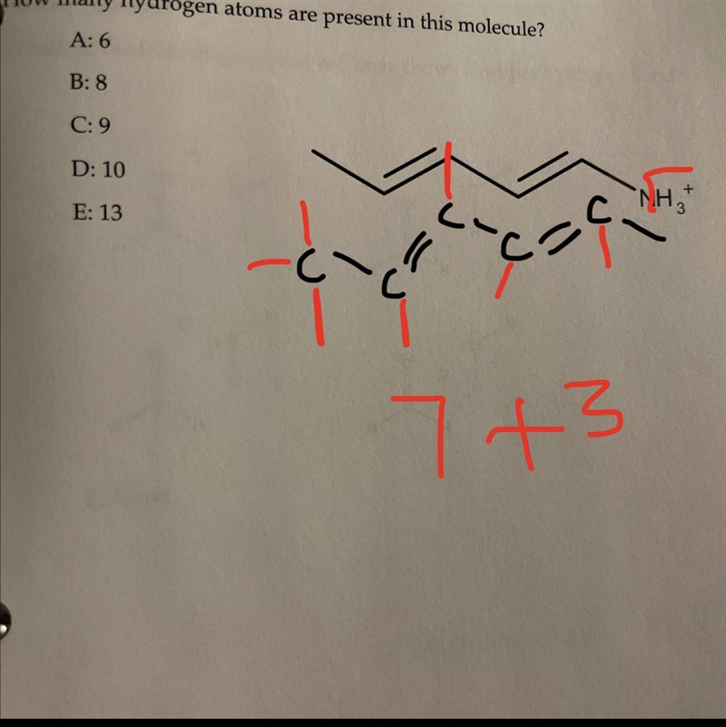 How many hydrogen atoms are present in this molecule? A: 6 B: 8 C: 9 D: 10 E: 13-example-1