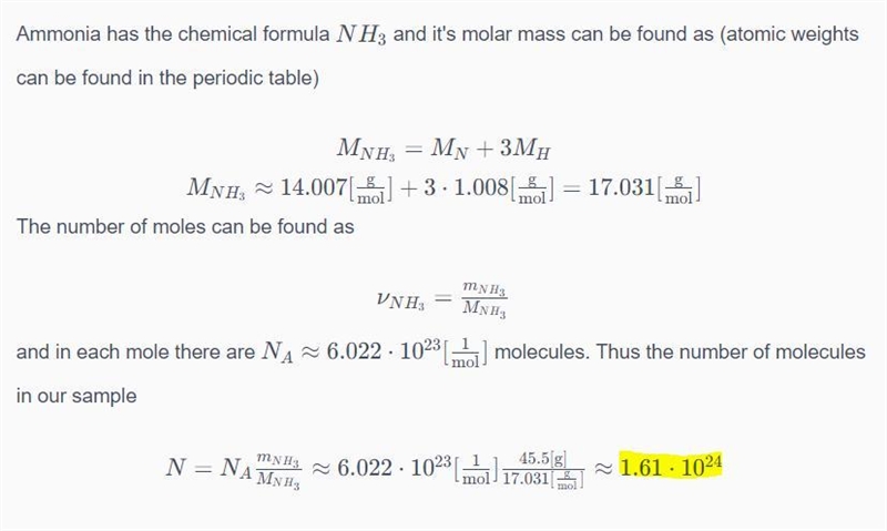 A sample of ammonia has a mass of 45.5g. how many molecules are in this sample​-example-1