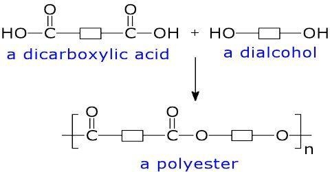 polyester is made by reacting which two chemicals?- acid and ester - acid and ketone-example-1