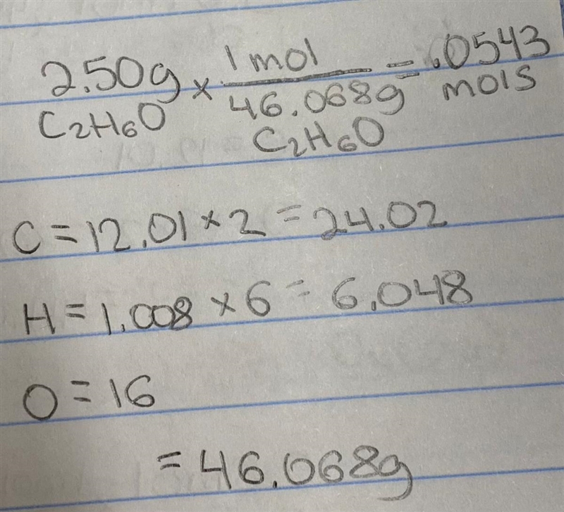 How many moles are there in 2.50 grams of ethanol, C2H6O ?-example-1