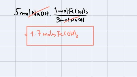 How many moles of iron (III) hydroxide are produced when 5.0 moles of sodium hydroxide-example-2