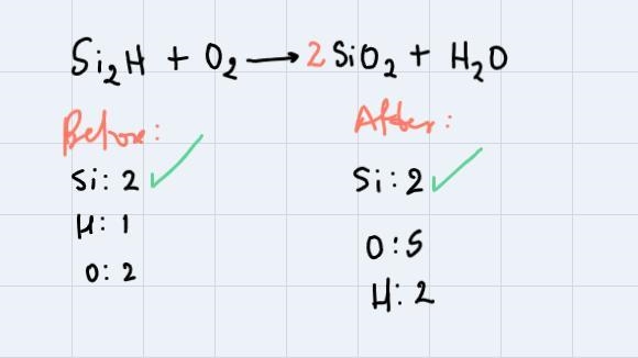 Balance the following chemical equation (if necessary):Si₂H(s) + O₂(g) → SiO₂(g) + H-example-1