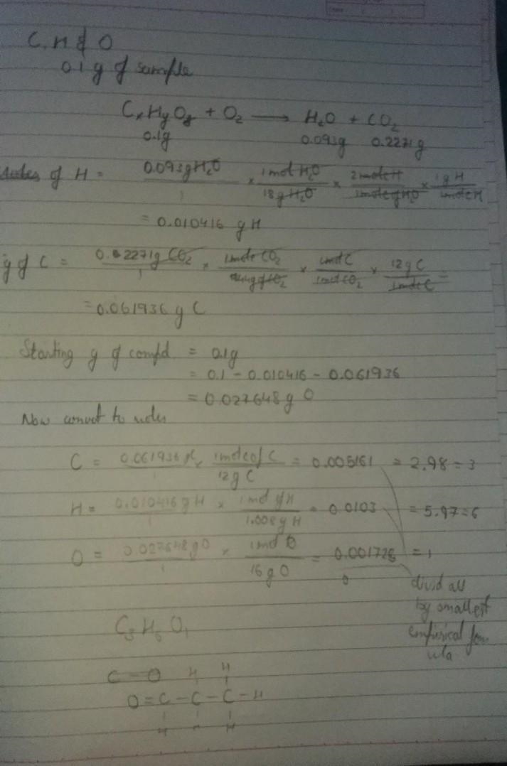 A compound contains only C, H, and O. A 0.1000 gsample burns completely in oxygen-example-1