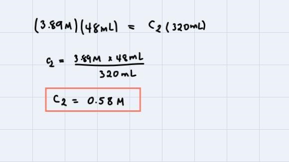 If 48mL of a 3.89M NH4Cl solution is diluted to 320mL, what is the concentration of-example-2