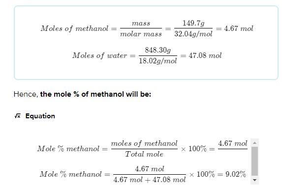 An aqueous solution is 15.0 % methanol (CH4O) by mass and has a density of 0.998 g-example-1