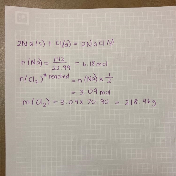 a sample of sodium reacts completely with 0.142 kg chlorine, forming 234 g of sodium-example-1