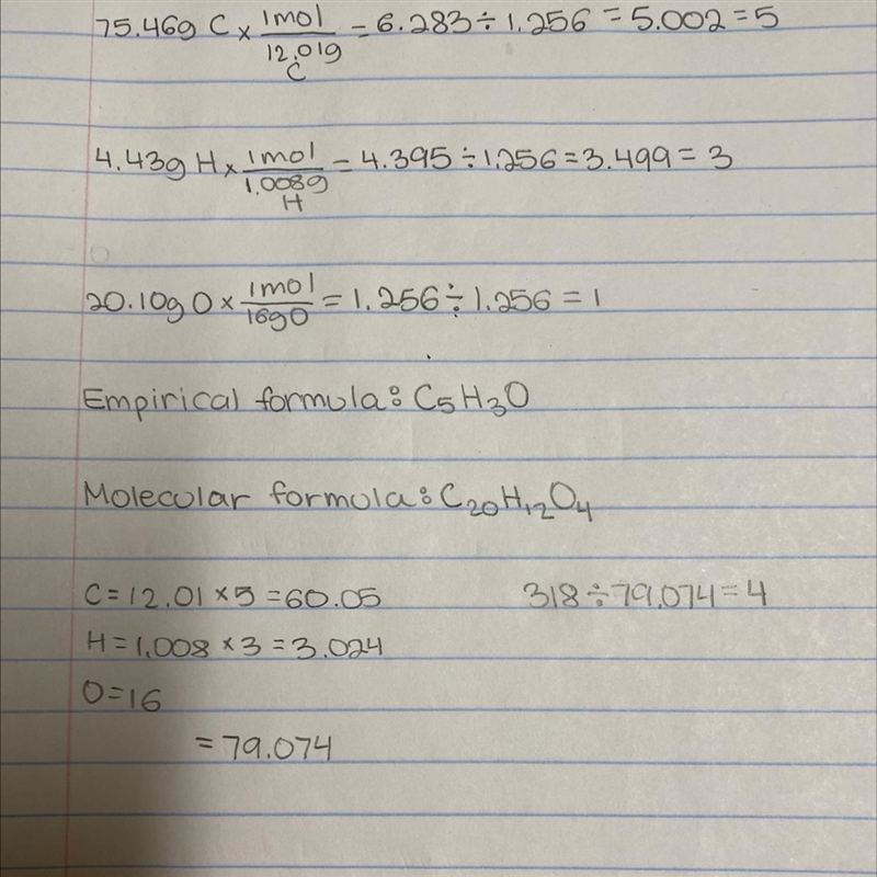 A sample consists of 75.46% carbon, 4.43% hydrogen, and 20.10% oxygen by mass. Its-example-1