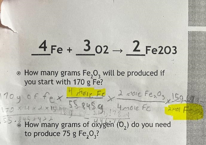 4 Fe + 3 02 - 2 Fe203How many grams Fe203 will be produced ifyou start with 170 g-example-1