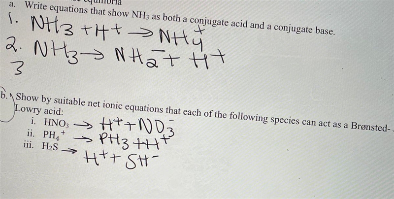 Write equations that show NH3 as both a conjugate acid and a conjugate base.​-example-1