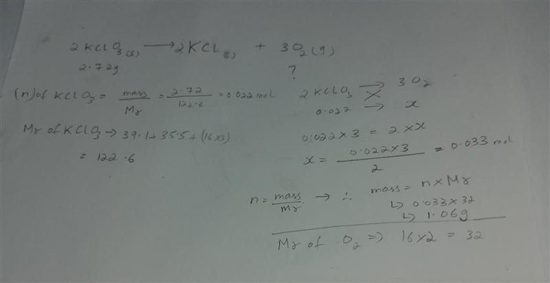 Calculate how many grams of oxygen form when 2.72 g of KCIOg reacts completely given-example-1