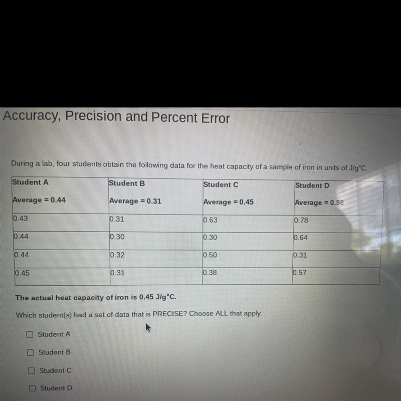 During a lab, four students obtain the following data for the heat capacity of a sample-example-1