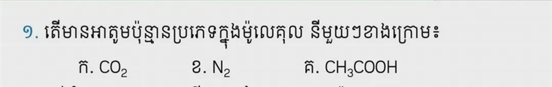 How many atoms are in each of the following molecules:A. CO2B. N2C. CHCOOH-example-1