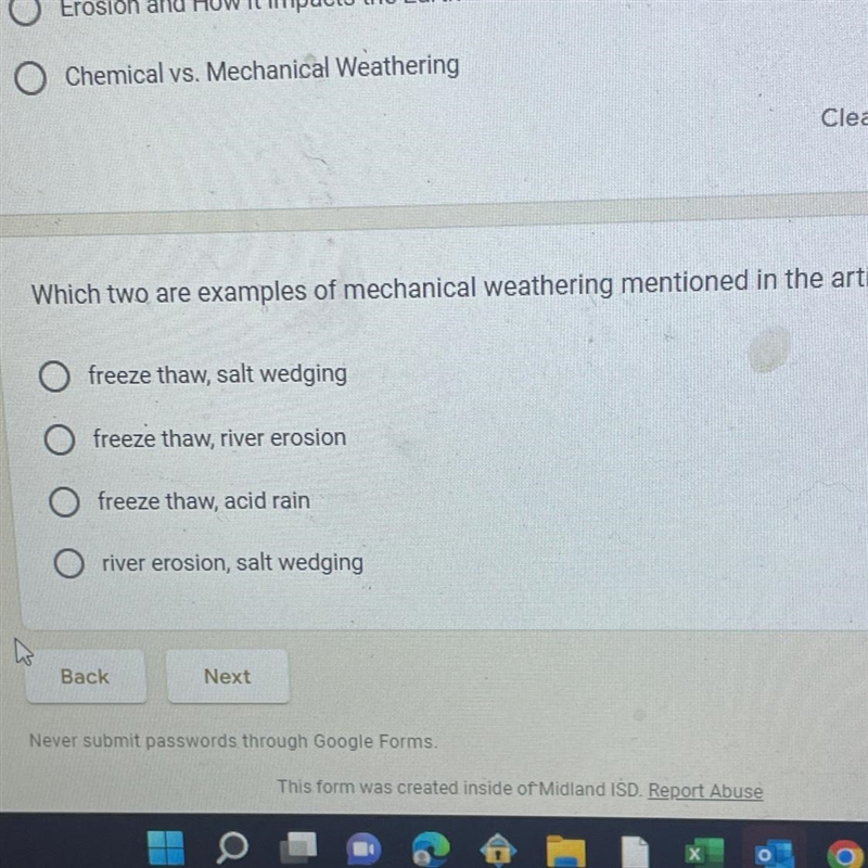 Which two are examples of mechanical weathering mentioned in the article? 5 points-example-1