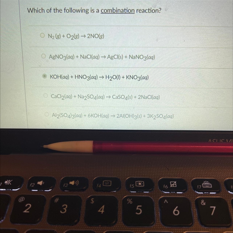 ectQuestion 7Which of the following is a combination reaction?ON2 (8) + O2(8) ► 2NO-example-1