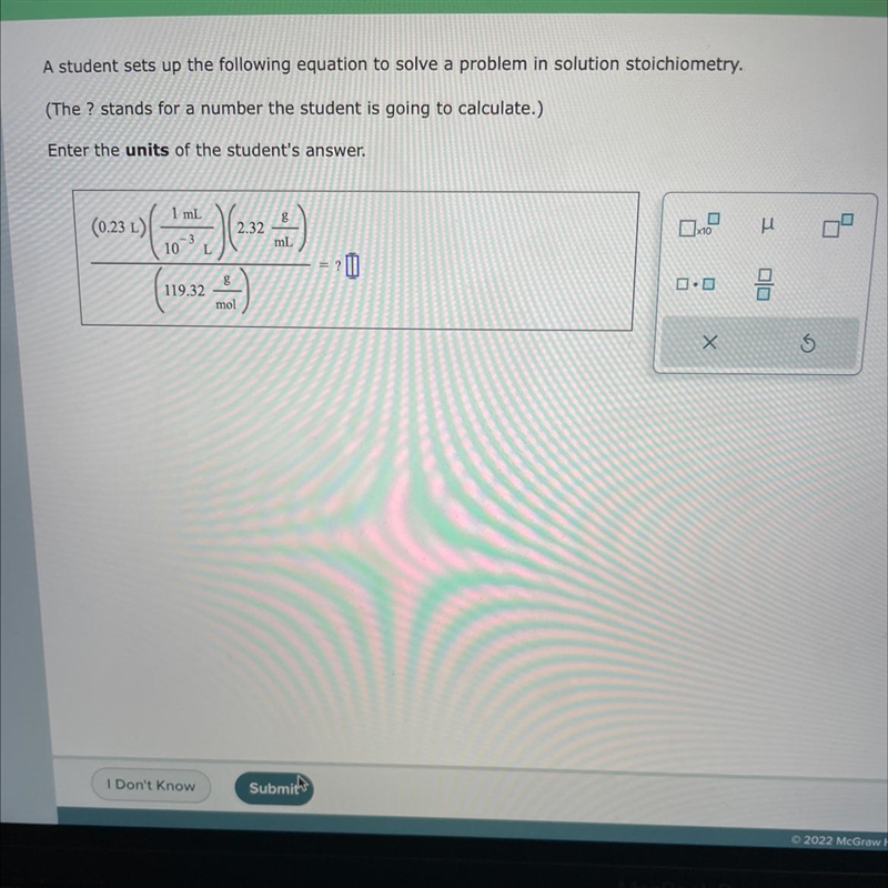 A student sets up the following equation to solve a problem in solution stoichiometry-example-1