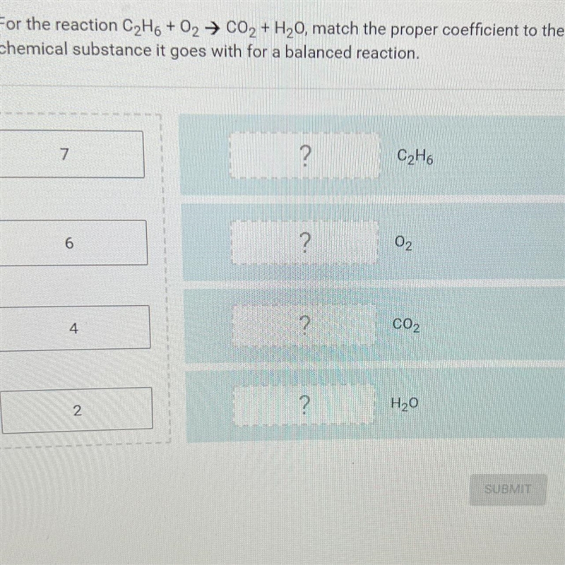 For the reaction C2H6 + O2 + CO2 + H20, match the proper coefficient to thechemical-example-1