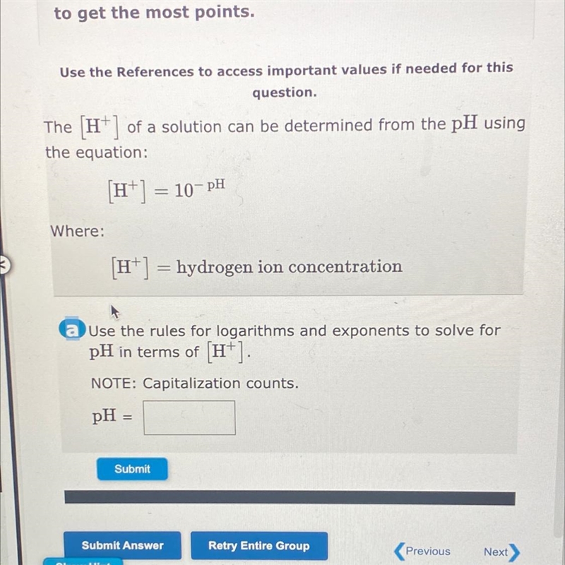 Use the rules for logarithms and exponents to solve for pH in terms of [H+]pH=-example-1