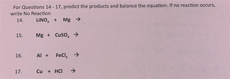 Help with chemistry question 17 please, balancing equation and finding the products-example-1