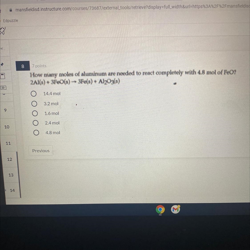 How many moles of aluminum are needed to react completely with 4.8 mol of FeO? 2Al-example-1