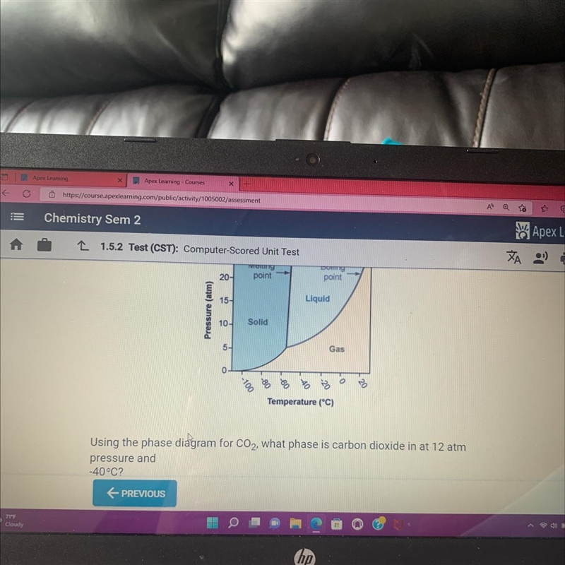 ← PREVIOUSPressure410-5-0.-100Solid-80Gas항 ㅎ ㅎTemperature (°C)0.Using the phase diagram-example-1