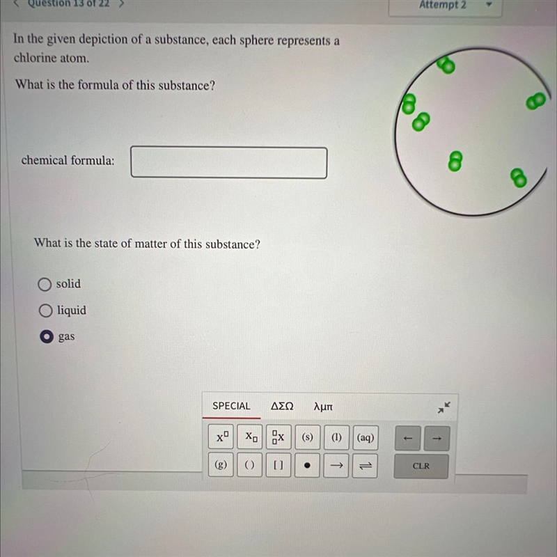 < Question In the given depiction of a substance, each sphere represents a chlorine-example-1