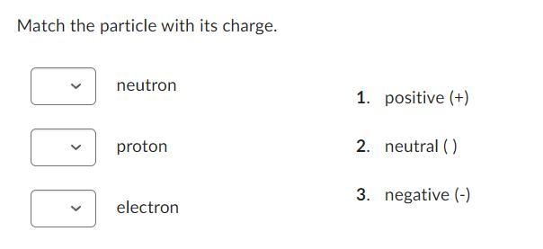 Match the particle with its charge. neutron proton electron positive (+) neutral ( ) negative-example-1