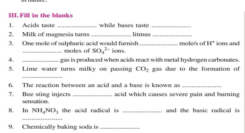 III. Fill in the blanks1.Acids tastewhile bases taste2.Milk of magnesia turnslitmusOne-example-1