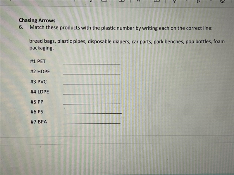 Match these products with the plastic number by writing each on the correct line-example-1