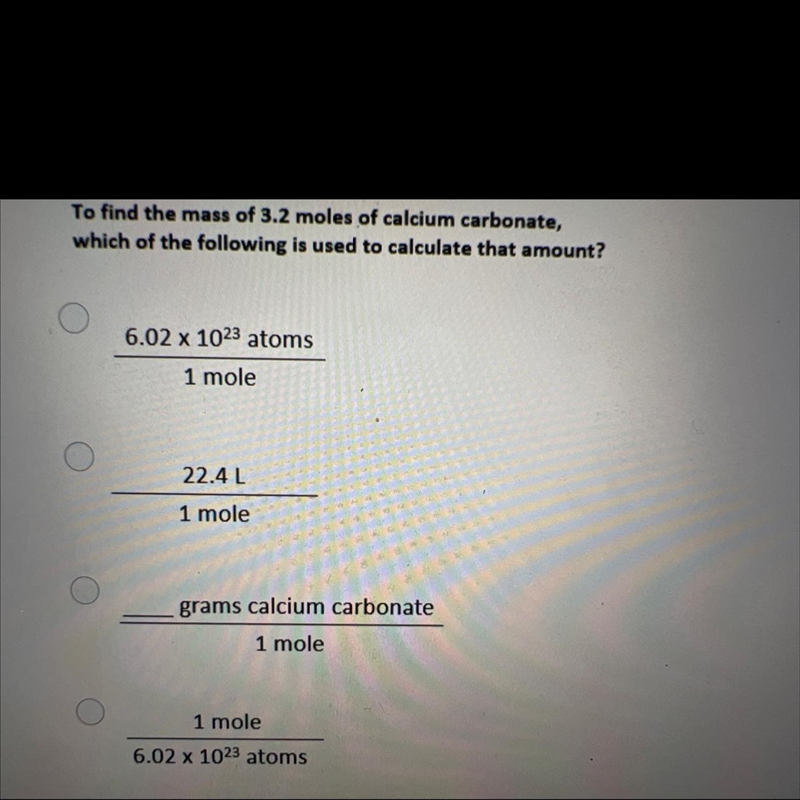 Which of the following is used to find the mass of 3.2 moles of calcium carbonate-example-1